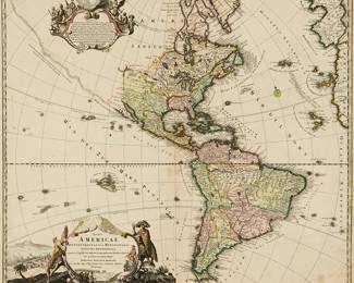 1339
A 19th century map of the Americas, created by Johann Baptist Homann (1663-1724)
"Totius Americae Septentrionalis et Meridionalis Novissima Repraesentatio," circa 1710
Engraving with hand coloring on paper
From the edition of unknown size and date, printed later
With the artist's name and the title of the work printed in the plate
Sight: 19.25" H x 23" W
Estimate: $50 - $100