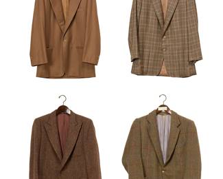 1180
A group of men's tailored sport jackets
Late 20th/21st century
Variously labeled for maker/tailor, date, and fabric
Comprising three custom tailored wool jackets made by Y. William Yu, Hong Kong/New York,
including a tan wool flannel jacket, a brown and black houndstooth check wool suit weight jacket, and a heavy brown and flecked tweed jacket with three patch pockets, as well as a Willis & Geiger multicolored brown tweed shooting jacket with double back vents and pleating
4 pieces
Each: half chest: 24-21"; center back: 31.5-30"; sleeve: 25-23.5" approximately
Estimate: $300 - $500