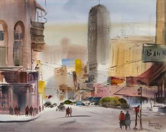 1226
Harold Gretzner
(1902-1977)
Figures walking in downtown San Francisco
Watercolor on Arches paper
Signed lower right: Harold / Gretzner / A.W.S.
Sight: 21" H x 27" W
Estimate: $400 - $600