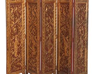 1150
A Southeast Asian red-painted and parcel-gilt five-panel screen
20th century
Each panel depicting dancing goddesses within stylized foliage
Each panel: 70" H x 16" W
Estimate: $400 - $600