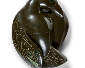 1207
Emile Norman
(1918-2009)
Reclining bird, 1957
Carved black marble with inlaid green stone
With signature and date to underside: EN
5.5" H x 16.5" W x 21" D
Estimate: $400 - $600