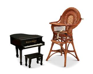1086
A Dexton miniature Concert Grand piano and caned highchair
20th century
Piano marked: Concert Grand / Dexton
Comprising a child's piano with black lacquered finish and conforming bench, together with a wood, wicker, and caned highchair
3 pieces
Piano: 21.5" H x 20.75" W x 24" D; Highchair: 43.5" H x 24" W x 24.5" D
Estimate: $200 - $300