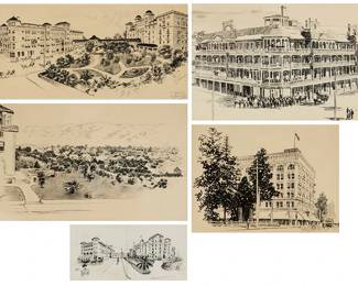 1023
Carl N. Werntz (1874-1944)
Five works:
View of Altadena or Pasadena
Pen and ink on beige paper
Signed lower left: Wertz
Sight: 12.25" H x 19.5" W
The Van Nuys Hotel, Los Angeles
Pen and ink on beige paper
Signed lower right: Wertz
Sight: 11.5" H x 15.5" W
The Hotel Green, Pasadena
Pen and ink on beige paper
Signed lower right: Wertz; inscribed in pencil in the lower right corner, possibly "1 Zinc / 3 proofs"
Sight: 10.25" H x 20.5" W
The Hotel Green, Pasadena
Pen and ink on off-white paper
Appears unsigned
Sight: 6" H x 12.25" W
The Adams Hotel, Phoenix
Pen and ink on beige paper
Appears unsigned
Sight: 12.5" H x 17.75" W
Estimate: $500 - $700