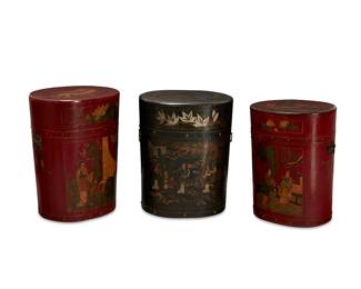 1058
Three Chinese lacquered wood oval storage containers
20th century
Each metal-mounted container with bail handle and decorated with various figural scenes and floral motifs
3 pieces
Tallest: 29.75" H x 23" W x 17.5" D; Smallest: 27.75" H x 22" W x 16.5" D
Estimate: $300 - $500