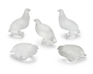 1276
Five Lalique frosted glass models of quails
20th/early 21st century
Four etched to underside: Lalique ® France [post-1978]; one with stencil mark: LALIQUE / FRANCE
5 pieces
Upright: 7" H x 3.5" W x 7" D; Shortest: 3.25" H x 3.25" W x 6" D
Estimate: $100 - $200