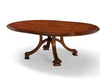 1244
A Contemporary walnut oval center table
20th century
Possibly a Therien Studio 'Volute' table, raised on four arched legs ending in scrolled feet
30" H x 85" W x 64" D
Estimate: $400 - $600