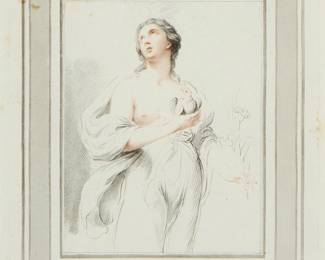 1109
After Giovanni Battista Cipriani
(1727-1785)
Aphrodite with dove and lily, plate 22 from "A Collection of Prints, after the Sketches and Drawings of the Late Celebrated Giovanni Battista Cipriani, Esq., R.A.," by Richard Earlom, 1787
Stipple engraving and aquatint in colors on paper
From the edition of unknown size
With the name of the artist, printer, and publisher, as well as the plate number, all printed in the plate below the image; published by John and Josiah Boydell, London, in 1789
Image: 6.5" H x 5.25" W; Plate: 10" H x 8" W; Sight: 10.5" H x 8.5" W
Estimate: $50 - $100
