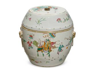 1288
A Chinese Famille Rose porcelain storage jar
Early/mid-20th century
Unmarked
The lidded barrel-form jar decorated with figural scenes and floral motifs
18" H x 8" Dia.
Estimate: $300 - $500
