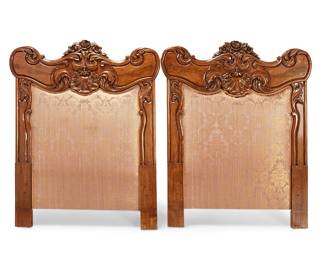1183
A pair of Continental carved walnut twin-size headboards
20th century
Each with yellow damask upholstery, the frames carved with roses and foliate motifs
2 pieces
Each: 56" H x 48" W x 2" D
Estimate: $400 - $600