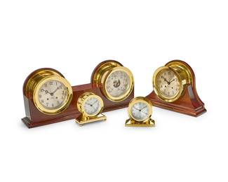 1293
Four Chelsea maritime clocks
20th century
Each marked for Chelsea, two marked: Ship's Bell
Each with Arabic numeral tracks on a silvered and glazed dial, comprising two single-movement clocks in brass cases, a two-movement clock in a brass and wood case, and a combination two-movement clock and barometer in a brass and wood case
4 pieces
Largest: 9.75" H x 23.375" W x 4.75" D; Smallest: 5" H x 5.25" W x 2.125" D
Estimate: $600 - $800