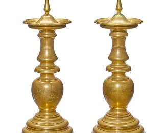 1133
A pair of Continental turned brass pricket sticks
20th century
2 pieces
Each: 15.5" H x 5.625" Dia.
Estimate: $200 - $300