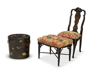 1304
An English lacquered chinoiserie side chair and japanned stool
19th century and later
Comprising a later black and gilt lacquered wood side chair with chinoiserie decoration and an upholstered slip seat, above cabriole legs ending in small hoof feet, with a later black and gilt japanned stool with upholstered seat and bamboo-style legs joined by an X-form stretcher, each upholstered in a matching contemporary fabric, together with a Chinese metal-mounted polychrome and black lacquered wood oval storage container
3 pieces
Chair: 41.25" H x 20" W x 16.5" D; Stool: 19" H x 24" W x 16.5" D; Storage: 18" H x 20" W x 16.25" D
Estimate: $500 - $700