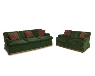 1166
Two Contemporary velour upholstered sofas
Late 20th century
Comprising one three-seater and one two-seater loveseat, each with a Greek key border to skirt
2 pieces
Larger: 36" H x 93" W x 46" D; Smaller: 35" H x 70" W x 44" D
Estimate: $300 - $500
