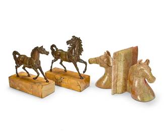 1223
Two pairs of horse-form bookends
Mid/late 20th century
Comprising a pair of carved serpentine horse head bookends and a pair of bronze figures of horses, mounted as bookends on gold marble bases
4 pieces
Each serpentine: 9" H x 5.75" W x 7" D; Each bronze overall: 9" H x 8.5" W x 3.5" D
Estimate: $100 - $200