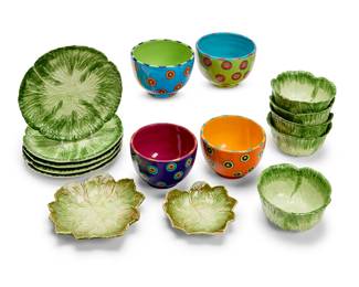 1071
A group of Contemporary ceramic bowls and dishes
20th/early 21st century
Each variously marked for maker
Comprising a set of four All U Can Handle ceramic 'Bullseye' cereal bowls, and a collection often Italian green glazed leaf-form ceramic bowls and plates
16 pieces
Each cereal: 4" H x 5.5" Dia.; Leaf plates: 9" Dia.; Leaf bowls: 3" H x 5.75" Dia.
Estimate: $200 - $300