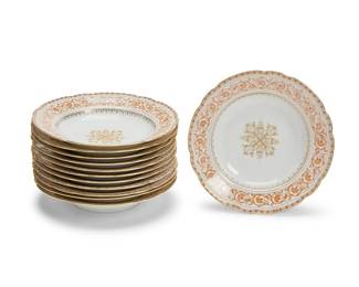 1048
A set of twelve Continental porcelain soup bowls
Late 19th/early 20th century
Each painted: D84 / TO
Each with salmon-colored scrolling foliate borders
12 pieces
Each: 9.5" Dia.
Estimate: $200 - $300