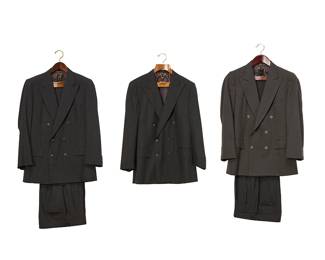 1101
A group of custom-tailored men's suits and separates
Circa 1993 & 1995
Each labeled for maker/tailor and date
Comprising a double-breasted charcoal grey lightweight wool suit, as well as two double-breasted charcoal grey wool jackets, each with notched lapels, and an additional pair of matching trousers, all tailored by Y. William Yu, Inc., New York
5 pieces
Each jacket: half chest: 22-21"; center back: 31-30.5"; sleeve: 24-23.5" approximately
Pants: half waist: 17.5"; inseam: 29.5" approximately
Estimate: $100 - $200