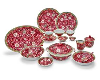 1042
A Chinese Famille Rose Mun Shou porcelain part dinner service
20th century
Each with factory mark for Jingdezhen and: Made in China / 08
Comprising eight 10.5" dinner plates, eight 9.25" salad/dessert plates, eight 9.25" large soup/noodle bowls, seven 8" medium soup bowls, thirteen 4.5" rice bowls, six teacups, twelve 4" sauce dishes, seven 2.75" condiment dishes, three 3.5" tea bowls, two 6" saucers for bowls, one covered sugar, one creamer, two 15.75" oval platters, two vegetable dishes and covers (11.5" W across handles), eleven 6" shallow dishes, seven 5.5" shallow dishes, four large serving spoons, and twenty-four soup spoons
126 pieces
Estimate: $300 - $500