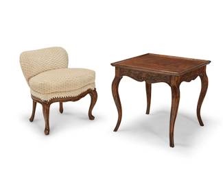 1169
A Michael Taylor Designs boudoir chair and a carved wood side table
20th century
Chair with Michael Taylor tag to underside
Comprising a cream-upholstered boudoir chair with brass tacking and slipper feet, and a French Provincial-style carved wood side table with cabriole legs and slipper feet
2 pieces
Chair: 27" H x 25" W x 28" D; Table: 25.5" H x 26" W x 26" D
Estimate: $400 - $600