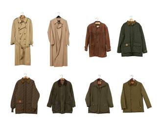 1222
A group of men's and women's outdoor jackets
Late 20th/21st century
Variously labeled for maker
Comprising three green quilted cotton-mix or wool jackets, one by Barbour (size M), and two long Hunting World jackets/coats (each size 112cm/44"), as well as a Schoffel Ptarmigan Gore-tex ladies green nylon coat with multiple pockets and detachable hood (size 8 USA), a Royal Scot waxed green cotton "Lowland Coat" with tartan lining (size M), a Vent Couvert Paris brown leather long jacket/coat (Size L), a Paul Stuart "Weathercoat" cotton duster belted raincoat (Size 42 reg), and a Brooks Brothers cotton double-breasted traditional belted raincoat with windowpane check lining overall and optional zip-out wool-mix lining (no size label, likely custom)
8 pieces
Largest: half chest: 26"; center back: 35"; sleeve: 27"; Smallest: half chest: 22"; center back: 32.5"; sleeve: 26"; Raincoats (oversize): half chest: 24"; center back length: 48.5-47.5"
Estimate: $200 - $400