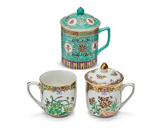 1088
Two sets of Chinese porcelain tea mugs
20th century
Each Mun Shou marked to underside: Made in China; each Famille Rose marked: Hand-Painted Decoration / Made in China
Comprising a set of seven turquoise Mun Shou lidded tea mugs and a set of twelve Famille Rose tea mugs, eight of which are lidded
19 pieces
Each Mun Shou: 6" H x 5" Dia.; Each Famille Rose (covered): 5" H x 3.25" Dia.
Estimate: $100 - $150