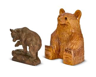 1326
Two carved wood bear figures
Mid/late 20th century
Smaller impressed P. ABPLANALP
Comprising a larger seated bear with inset glass eyes, and a Swiss bear depicted standing with one paw raised
2 pieces
Larger: 14.5" H x 10.5" W x 7.75" D; Smaller: 9.625" H x 8.75" W x 4.75" D
Estimate: $200 - $300