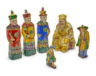 1149
A group of East Asian glazed pottery figures
Late 20th/early 21st century
One Mudman figure stamped to underside: Made in China; each emperor with impressed chop mark
Comprising two Chinese polychrome Mudmen figures, a set of three Chinese porcelain figures of Qing Emperors, and a Japanese porcelain figure of Jurojin, God of Longevity
6 pieces
Larger Mudman: 9.75" H; Each emperor: 14" H; Jurojin: 11.5" H
Estimate: $300 - $500