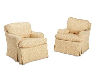 1074
A pair of Contemporary upholstered armchairs
Late 20th/early 21st century
Each with damask-style gold and cream fabric upholstery
2 pieces
Each: 34" H x 33" W x 41" D
Estimate: $100 - $200