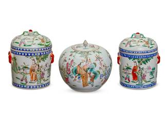 1305
A group of Chinese porcelain jars
Early/mid-20th century
The pair with apocryphal red reign marks stamped to undersides
Comprising a Famille Rose lidded ginger jar decorated with figures in a celebratory scene, and a pair of lidded storage jars decorated with figures
3 pieces
Famille Rose: 8.75" H x 9" Dia.; Pair: 6.5" H x 6" Dia.
Estimate: $400 - $600