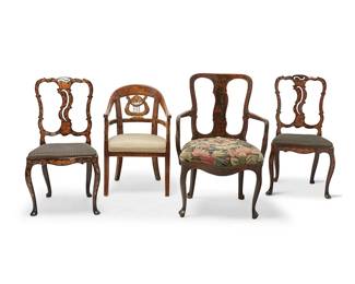 1277
A group of Continental upholstered wood chairs
19th/20th century
Comprising one chair with a gilt lyre-form back splat and swan-neck arm supports extending down to sabre legs, with striped yellow and gold upholstered seat; a pair of Continental marquetry side chairs, each inlaid with floral vinery and masks, with upholstered seats and cabriole front legs ending in pad feet; and a George I-style polychrome-painted wood open armchair with tapestry-style upholstered seat
4 pieces
Tallest: 39.5" H x 26" W x 22" D; Shortest: 33.75" H x 21.5" W x 19.5" D
Estimate: $400 - $600