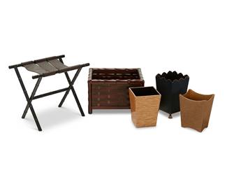 1327
A group of household storage items
Late 20th/early 21st century
Magazine holder marked: Selamat Designs / San Francisco / Made in Indonesia
Comprising a small woven wood magazine holder, three wastebaskets including two gold-toned composite and one ebonized metal, and a luggage rack
3 pieces
Magazine: 12.5" H x 19" W x 15.5" D; Tallest wastebasket: 13.75" H
Estimate: $100 - $150