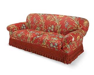 1242
A Contemporary upholstered sofa
Late 20th century
The two-seater sofa upholstered in a floral pattern fabric on burgundy ground above a passementerie apron
36" H x 81" W x 42" D
Estimate: $100 - $200