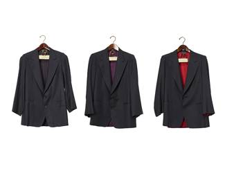 1173
A group of custom-tailored men's navy wool jackets
Circa 2014 & 2015
Each labeled for maker/tailor, date, and fabric
Comprising three navy jackets tailored by Y. William Yu, Hong Kong/New York, each in lightweight navy/black textured Italian wool fabric by Ing Loro Piana & C, two in 'Four Seasons' and one in 'Tasmanian,' each with notched lapels and various colored lining including red, purple, and navy
3 pieces
Each: half chest: 22-21"; center back: 31"; sleeve: 24-23.5" approximately
Estimate: $200 - $400