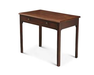 1092
A George III mahogany side table
Early 19th century
The wood table with ogee edges, the single drawer with later pulls and interior lined in moiré fabric, with an oak drawer bottom
28.5" H x 36" W x 21.5" D
Estimate: $500 - $700