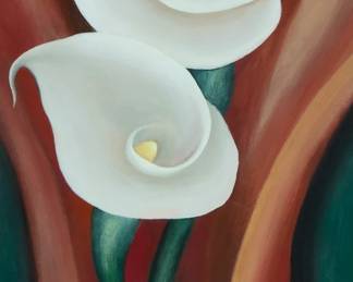 1311
Don Edward Hamilton
(20th/21st Century)
"Two Callas"
Acrylic on paper
Signed lower right: Don Edward Hamilton; titled on a section of a prior frame's brown backing paper
Sight: 23.5" H x 11.5" W
Estimate: $200 - $300