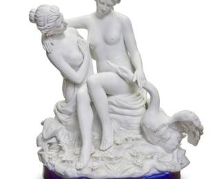 1318
A white bisque porcelain figural group of Leda and the Swan
Late 20th/early 21st century
Marked to underside: FC Collection
On blue glazed porcelain base
12.5" H x 9.5" W x 9" D
Estimate: $150 - $200