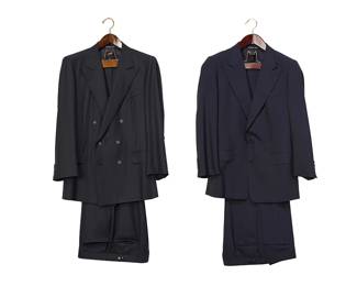 1246
Two custom-tailored men's navy suits
Circa 2004
Each labeled for maker/tailor and date
Comprising two navy suits tailored by Y. William Yu, Hong Kong/New York, comprising a single-breasted jacket in lightweight navy wool with a pair of matching trousers, and a double-breasted jacket with notched lapels in navy/black fine textured wool with matching trousers
4 pieces
Jackets: half chest: 22-21"; center back: 30-31"; sleeve: 24" approximately
Pants: half waist: 18.5"; inseam: 29.5-29"
Estimate: $200 - $400