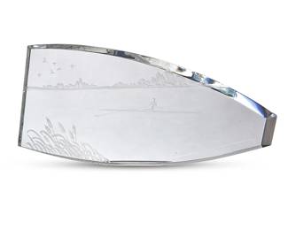 1321
A Steuben etched glass panel
Late 20th century
Etched to underside: Steuben
Depicting a rower in a boat within a landscape
5" H x 11" W x 1.5"
Estimate: $300 - $500