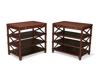 1146
A pair of Regency-style mahogany writing tables
Mid-20th century
Each with a pull-out olive leather inset writing surface featuring a blind-stamped floral medallion centering a conforming border, above three shelves
2 pieces
Each: 30.5" H x 32" W x 22" D
Estimate: $800 - $1,200