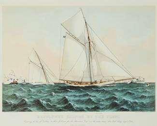 1338
After Franklyn Bassford
(1857-1897)
"Mayflower saluted by the fleet crossing the bow of Galatea in their first race for the 'America's Cup' over the inside course New York Bay, September 7, 1886," published by Currier and Ives
Lithograph in colors on paper
From the edition of unknown size
With the artist's signature and date printed within the image at lower left: Franklyn Bassford '86; with the artist's and publisher's names, as well as the title printed within the blank of the stone below the image; Currier and Ives, New York, pub.
Image: 19.25" H x 28" W; Sight: 23" H x 30" W
Estimate: $300 - $500