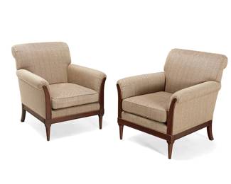 1322
A pair of Kravet Furniture armchairs
Late 20th century
Each with Kravet fabric tag to seat underside
Each with herringbone upholstery and rolled armrests, raised on attenuated legs
2 pieces
Each: 35" H x 30" W x 40" D
Estimate: $100 - $200