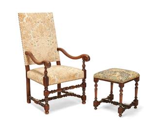 1182
A Baroque-style turned wood armchair and a stool
20th century
With turned and blocked legs and stretchers, comprising a walnut open armchair with white and beige damask-style upholstery and a similarly constructed stool with tapestry-style upholstery
2 pieces
Chair: 47" H x 25" W x 28" D; Stool: 19" H x 16.5" W x 16.75" D
Estimate: $400 - $600