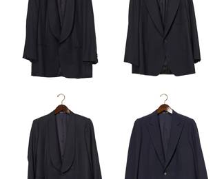 1164
A group of custom-tailored men's navy jackets
Circa 1994, 1997, 2013, 2014
Each labeled for maker/tailor, date, and fabric
Comprising four navy jackets tailored by Y. William Yu, New York, each in navy wool of various weights, two with notched lapels, and two with rounded shawl lapels
4 pieces
Each: half chest: 22-21"; center back: 31.5-31"; sleeve: 24-23.5" approximately
Estimate: $200 - $400