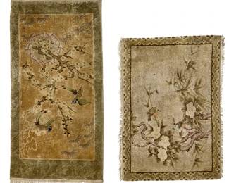 No Image
1314
Two Chinese silk mats
20th century
Each depicting a flowering branch in a vase with perched birds on a taupe field within a decorative border
2 pieces
Larger: 3' 11" L x 2' W; Smaller: 3' 1" L x 2' 1" W
Estimate: $300 - $500