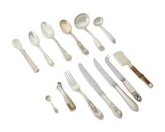 1345
A group of miscellaneous sterling silver service items
20th century
Each marked for sterling and various makers
Comprising a set of 21 Gump's sterling silver-handled steak knives, a Georg Jensen sterling silver 'Acorn' cheese/bar knife, and a group of 16 miscellaneous pieces of American sterling silver flatware items and serving utensils including one with a mother-of-pearl bowl and one with a bamboo handle
38 pieces
Largest: 8.75" L
Total weighable sterling: 17.4 oz. troy approximately
Estimate: $400 - $600