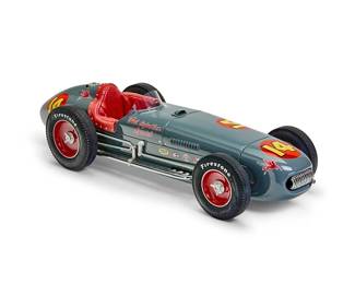 1044
A Ron Fournier racecar model of the Kurtis Kraft "Fuel injection Special"
Late 20th century
The enameled aluminum model of the 1953 and 1954 winner of the Indy 500, driven by Bill Vukovich (1918-1955), with rubber tires and leather-lined seat
5.25" H x 21.75" W x 7.5" D
Estimate: $300 - $500