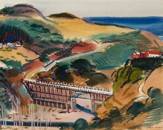 1225
Erle Loran
(1905-1999)
"The Bridge at Elk," 1942
Watercolor on paper
Signed and dated lower right: Erle Loran '42; titled by repute
Sight: 15" H x 18.75" W
Estimate: $400 - $600