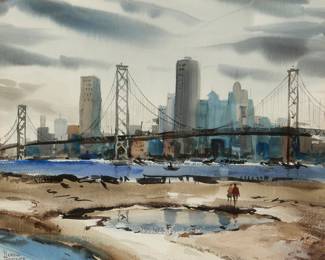 1227
Harold Gretzner
(1902-1977)
"San Francisco from Alameda," 1944
Watercolor on paper
Signed lower left: Harold / Gretzner / A.W.S; titled and dated in ink on the frame's backing board, possibly in another hand: 1944; titled and dated again on a gallery label affixed to the frame's backing board
Sight: 18.75" H x 22" W
Estimate: $400 - $600