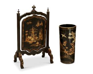 1290
A Victorian japanned wood fireplace screen and umbrella stand
The fire screen 19th century
The screen with central swiveling panel with gilt chinoiserie figural and scenic decoration, the arched frame surmounted by three finials, raised on two stylized arched feet, the gilt and black lacquered umbrella/cane stand depicting birds and foliate motifs
2 pieces
Screen: 41" H x 25" W x 19" D; Stand: 25.75" H x 11.375" Dia.
Estimate: $300 - $500