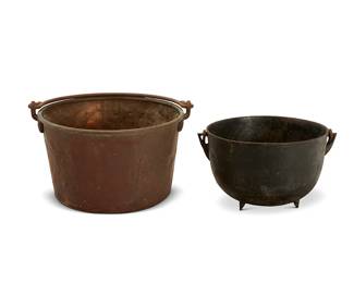 1084
Two large handled cauldrons
19th century
Comprising one iron and one copper, each with a bail handle
2 pieces
Iron: 15" H x 27" Dia.; Copper: 18" H x 32" Dia.
Estimate: $500 - $700